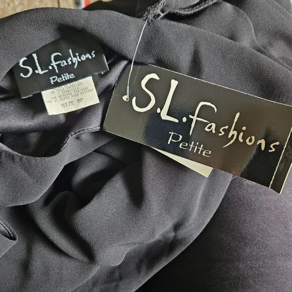S.L. Fashions Womens Elegant Black Size 8 Petite V-Neck Layered Hem Dress Party - Picture 10 of 12